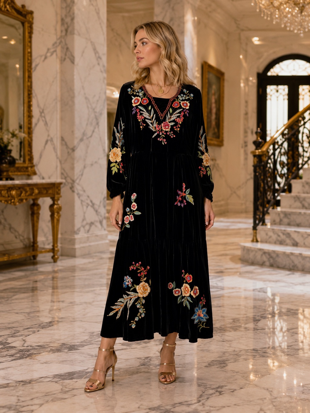 Johnny Was Silk Blend Velvet Embroidered Boho Midi Dress Xxs
